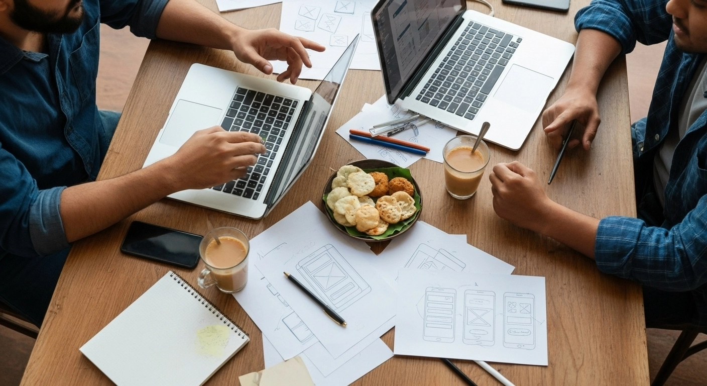 Brainstorming session with notes and sketches, representing the design process.