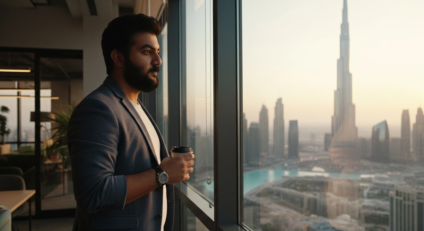 A view of a modern city skyline from an office, symbolizing work in Dubai.