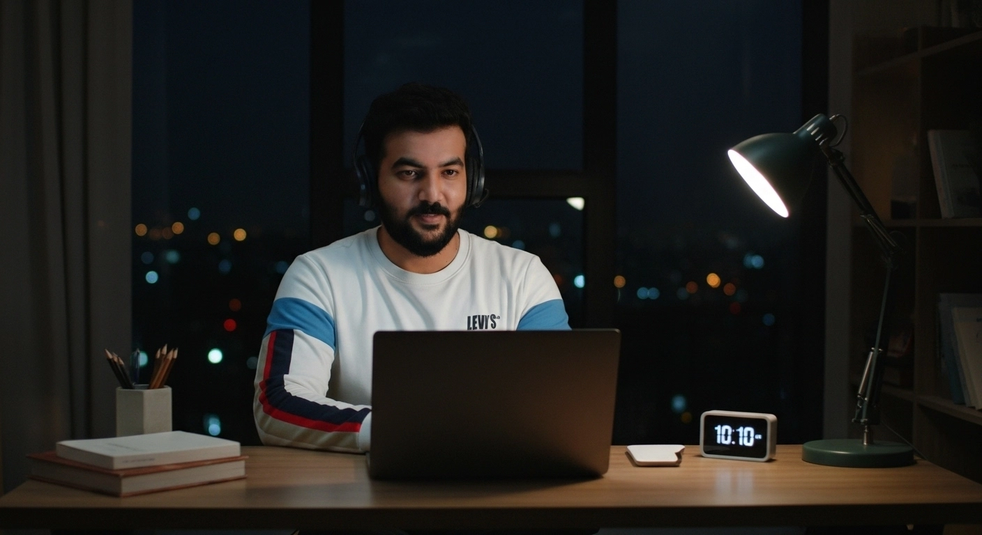 A focused work session, representing early career projects and learning.