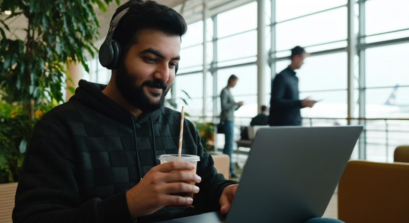 A person working remotely, signifying adaptability and freelance experience.