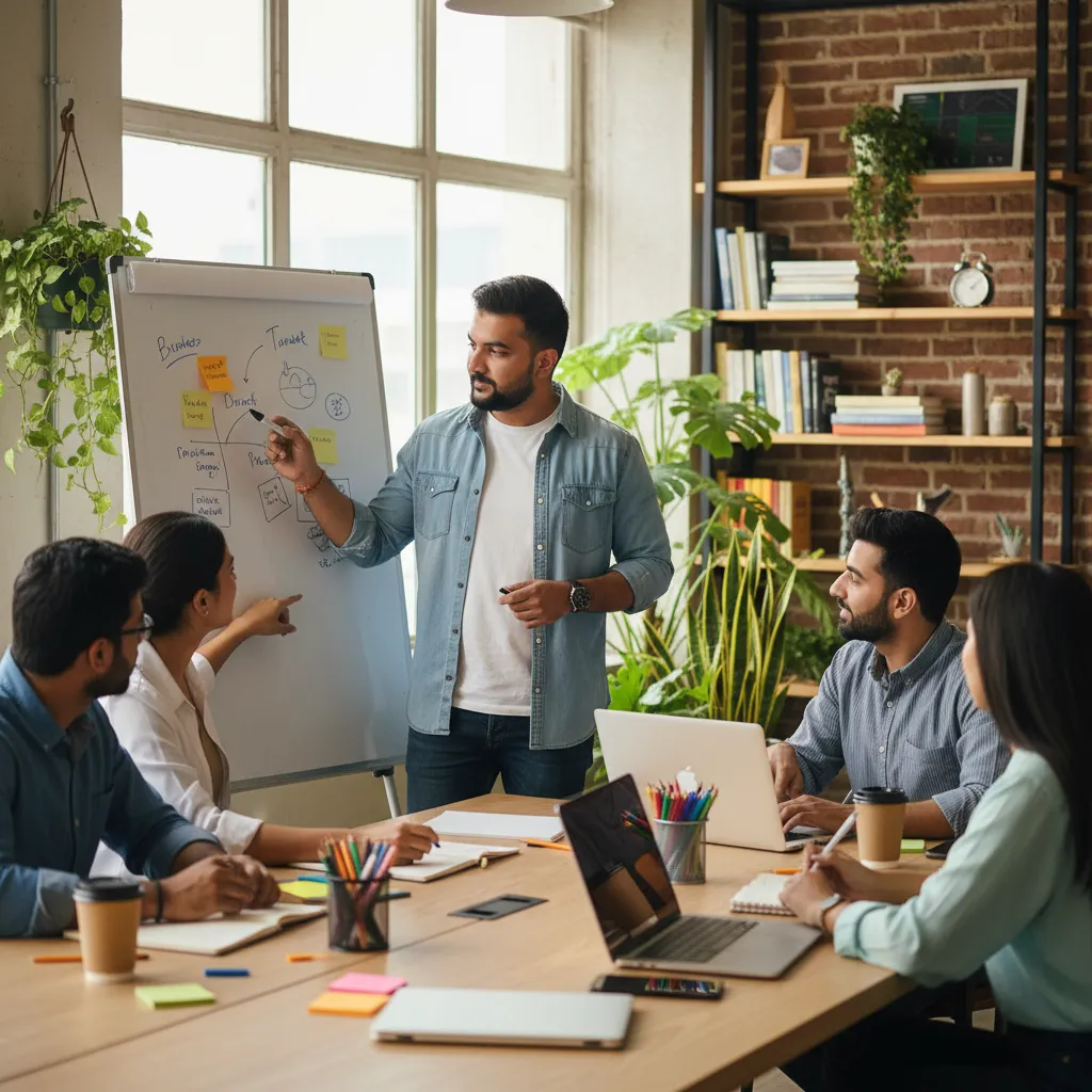 A team collaborating around a whiteboard full of sticky notes, representing user research affinity mapping.